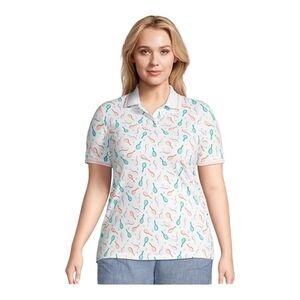 Lands’ End Supima Cotton Short Sleeve Polo Shirt White Tennis Print Size M